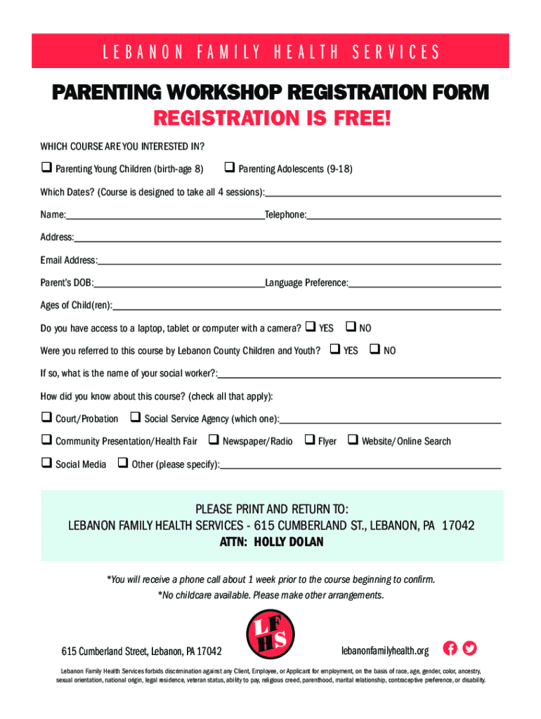 PA Lebanon Family Health Services Parenting Workshop Registration Form