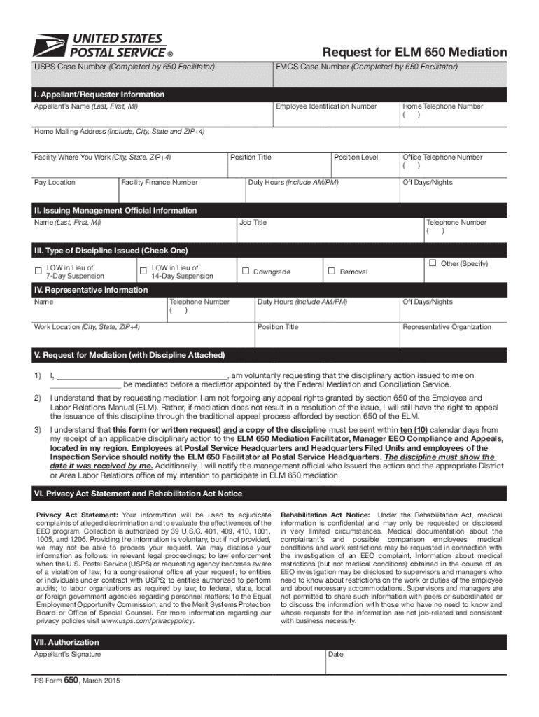  PS Form 650 Request for ELM 650 Mediation 2015-2024