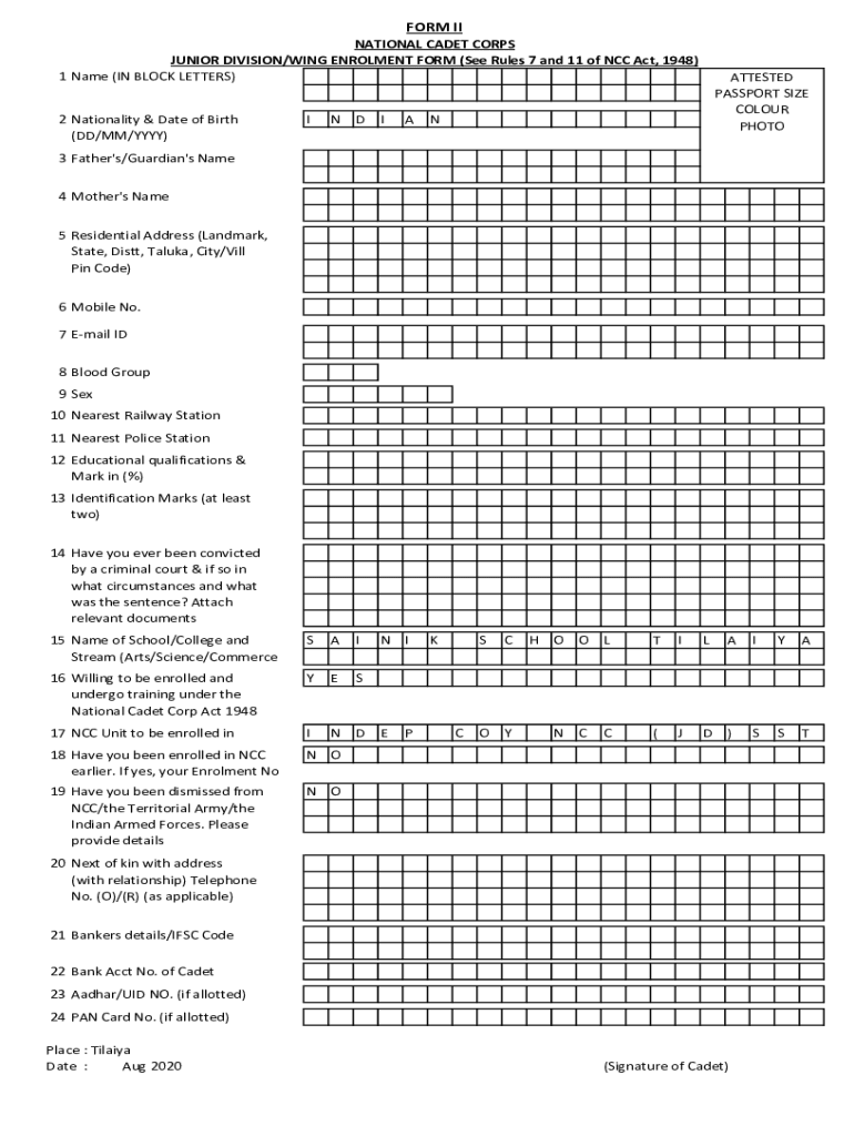 Ncc Junior Division Wing Enrolment Form Appendix B