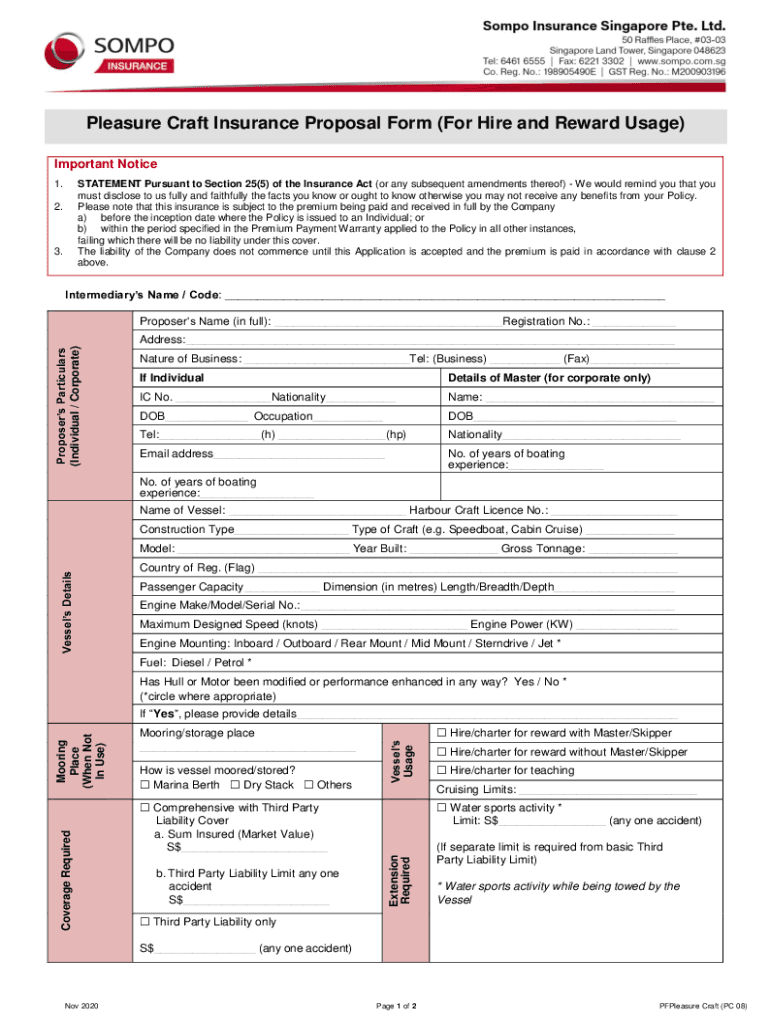 Pleasure Craft Insurance Proposal Form for Hire and Fill