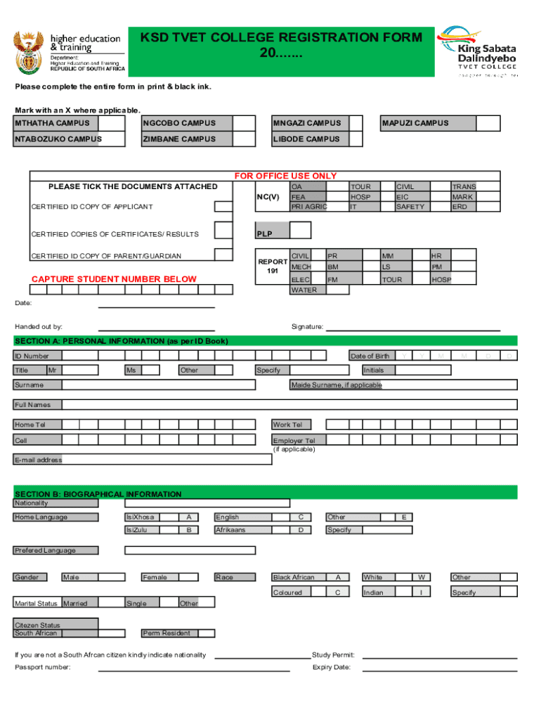 SD VET COLLEGE APPLICATION FORM Please Complete Th