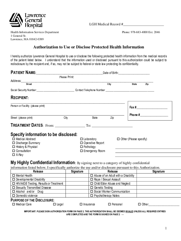  Authorization to Use or Disclose Protected Health Information 2013-2024