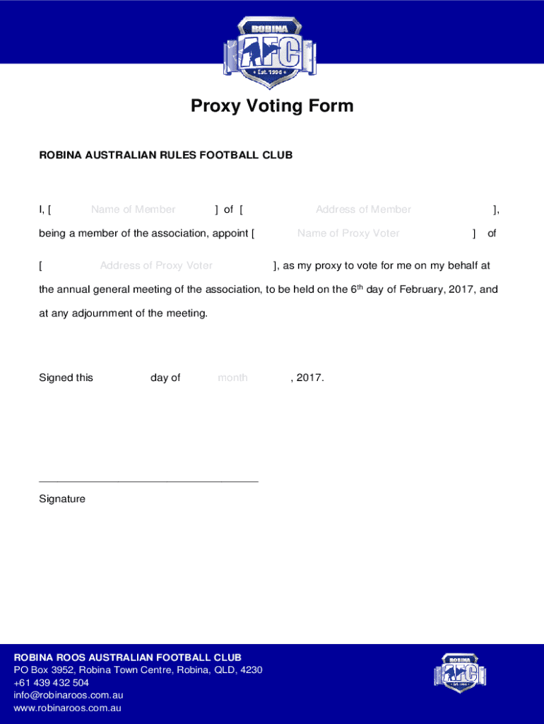  Proxy Voting Form ROBINA AUSTRALIAN RULES FOOTBALL 2017-2024