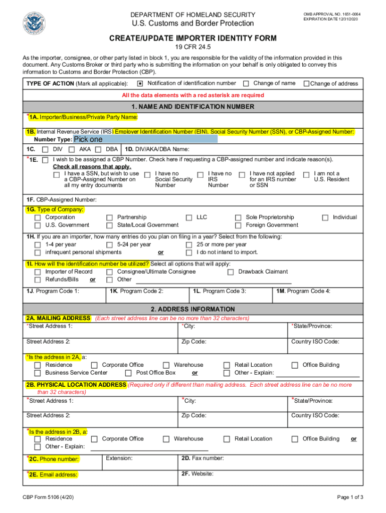  CBP Form 5106 Importer Identity Form 2025-2026