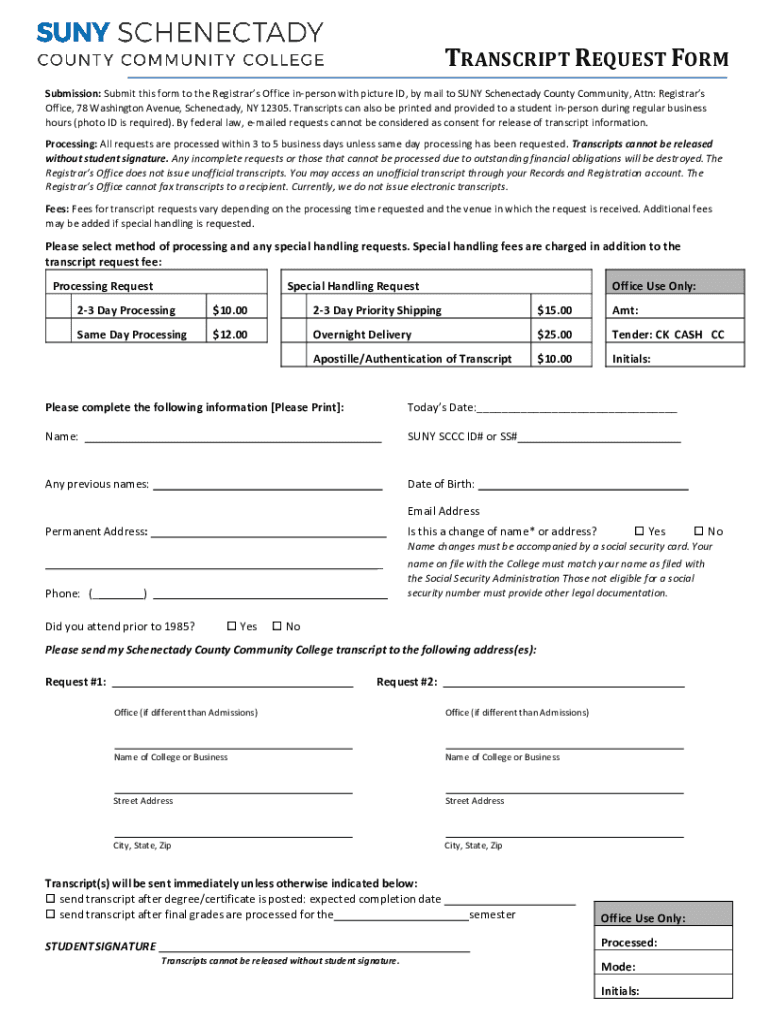 Transcript Request Form SUNY Schenectady