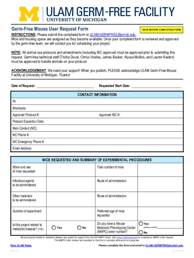  ULAM Germ Mouse Facility User Request Form 2019