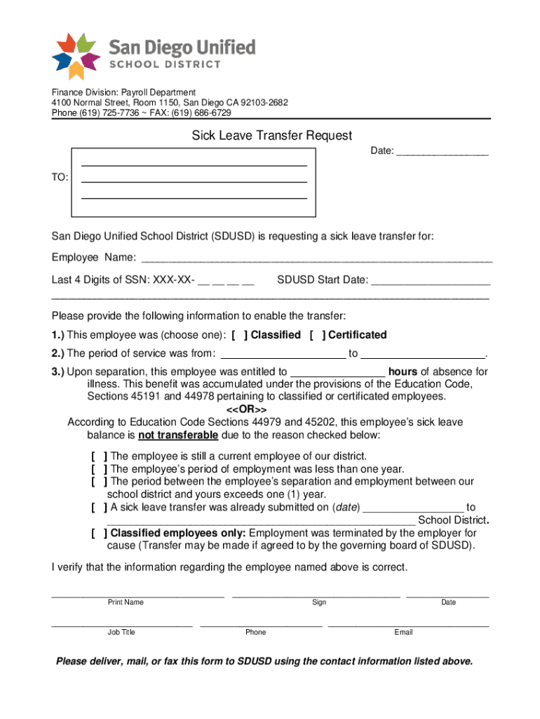 Sick Leave Transfer Request San Diego Unified School  Form