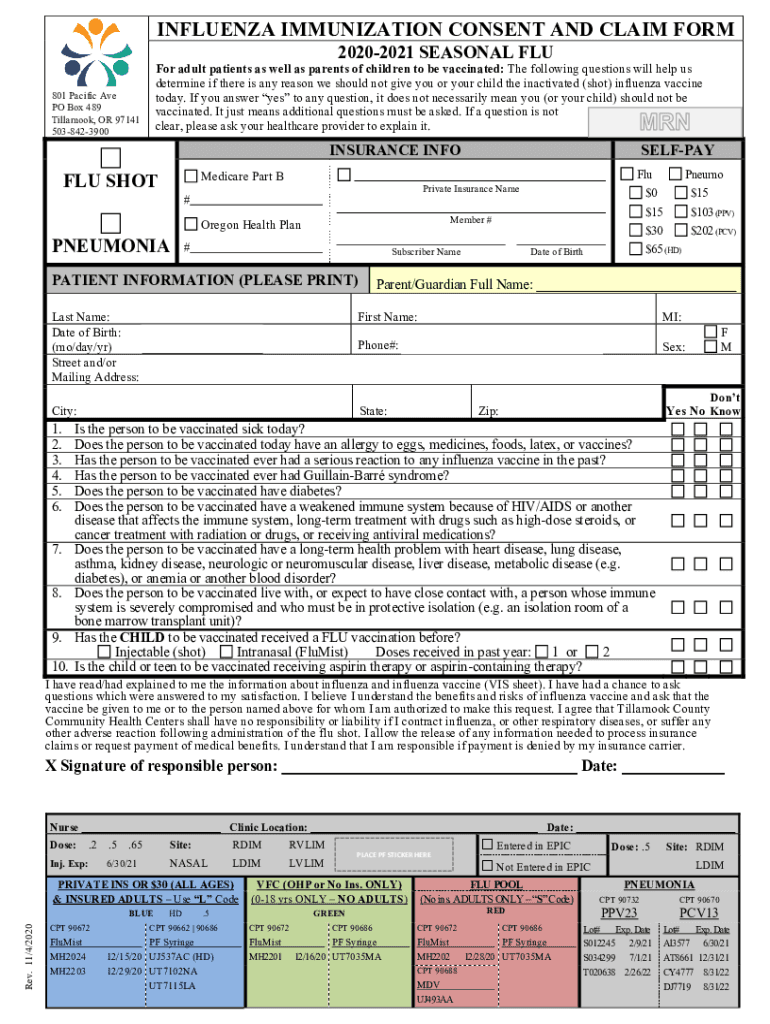 INFLUENZA IMMUNIZATION CONSENT and CLAIM FORM Tillamookchc Org