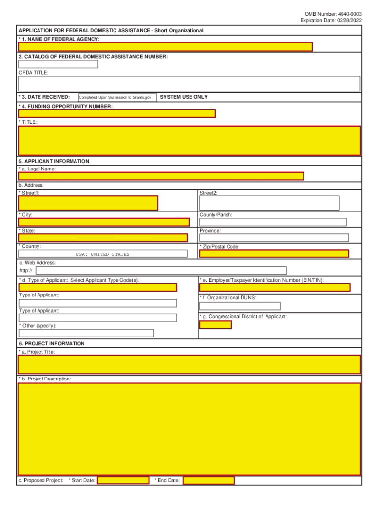 Federal Domestic Assistance Short  Form