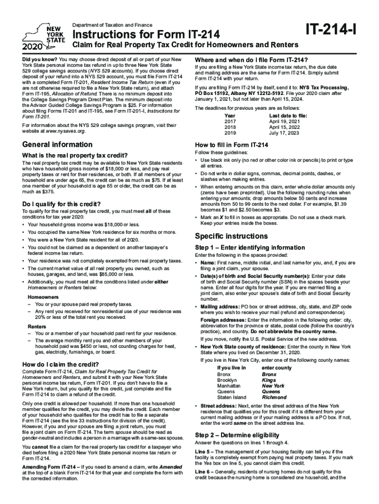  Instructions for Form it 214 &amp;quot;Claim for Real Property Tax 2020