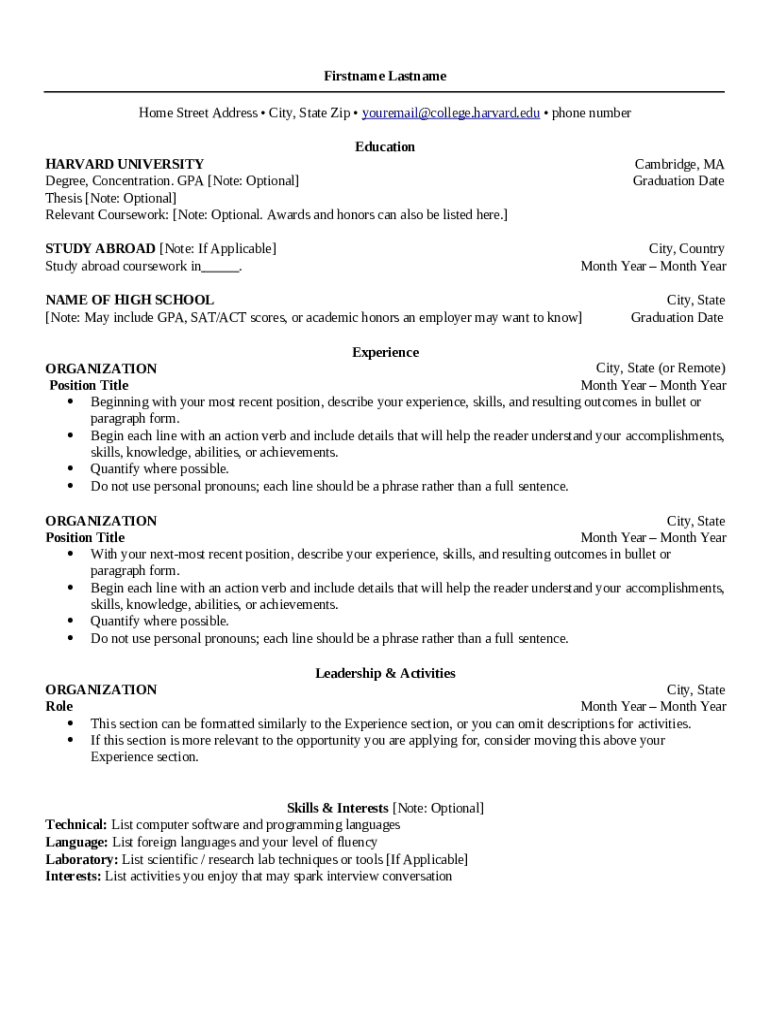 Harvard Resume Template Google Docs  Form