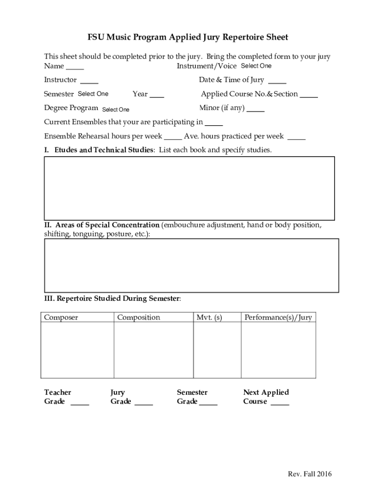  FSU Music Program Applied Jury Repertoire Sheet Th 2016-2024