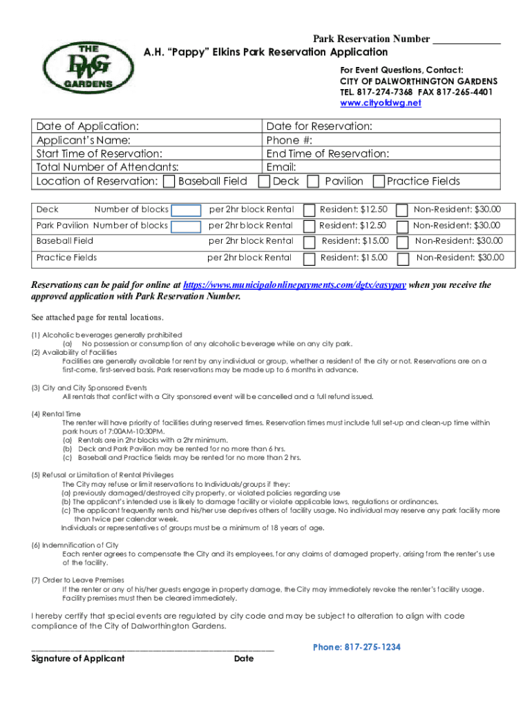 PDF Park Reservation Application City of Dalworthington Gardens  Form
