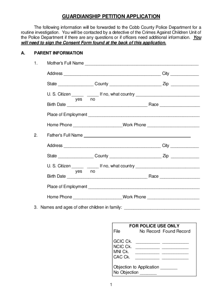 GUARDIANSHIP PETITION APPLICATION the Following in  Form
