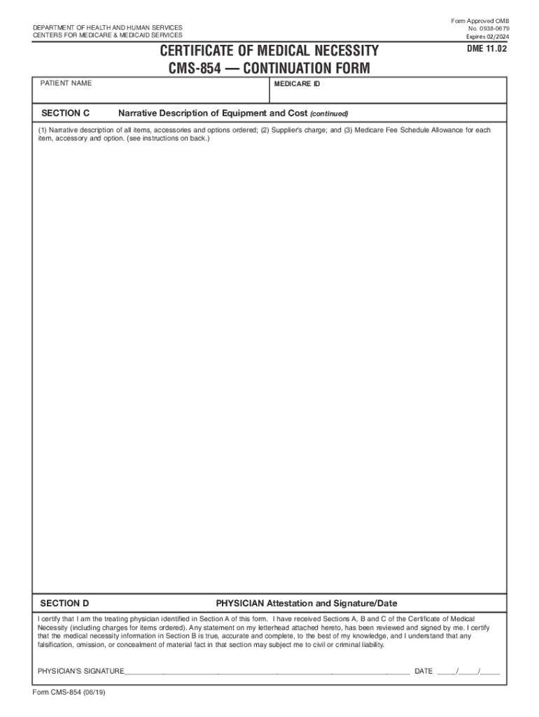 Certificate of Medical Neccessity CMS 854 Continuation Form