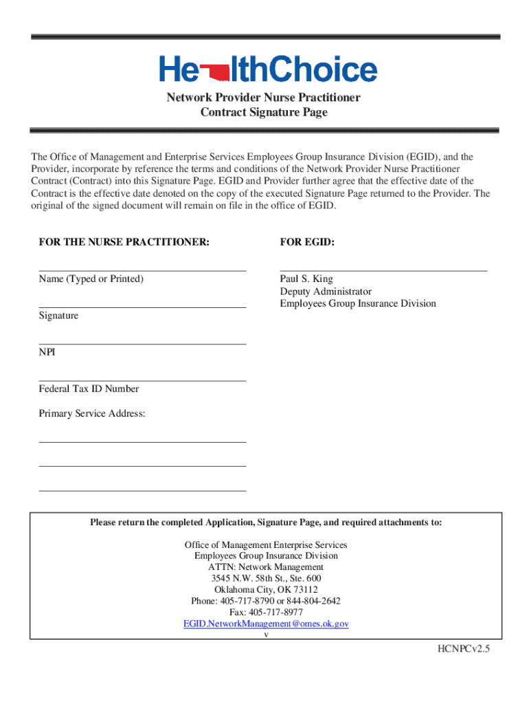 OK Health Choice Network Provider Nurse Practitioner Contract  Form