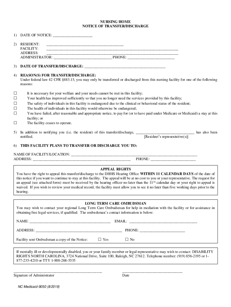  ADULT CARE HOME NOTICE of TRANSFERDISCHARGE 1 DATE of NOTICE 2019-2024