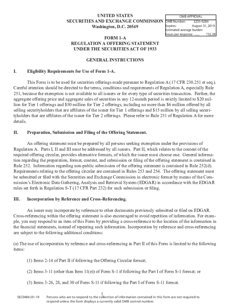  Regulation a Offering Statement Form 1 a 2019-2024