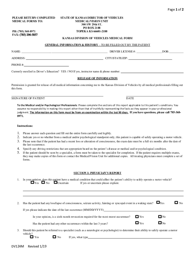 KANSAS DIVISION of VEHICLES MEDICAL FORM DV124M