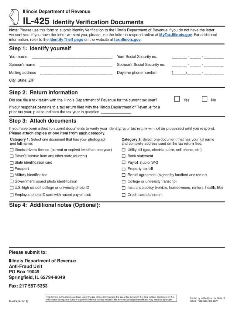  IL 425Irs Tax FormsIdentity Document 2019-2024