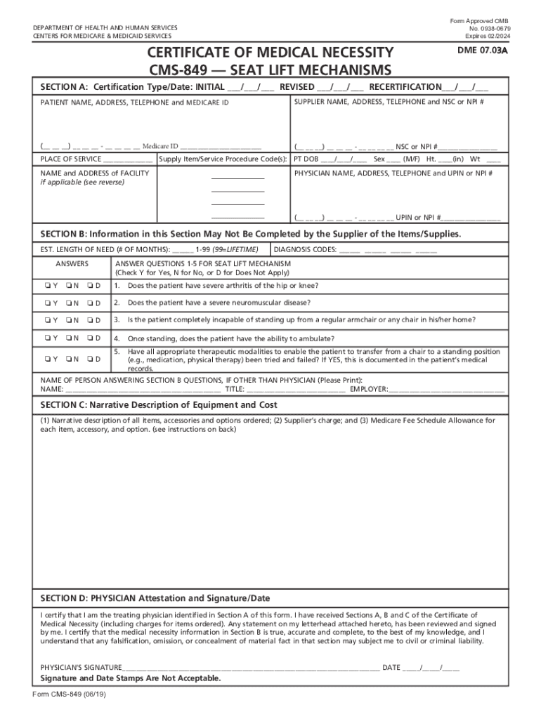 Fillable Online Certificate of Medical Neccessity CMS 846  Form