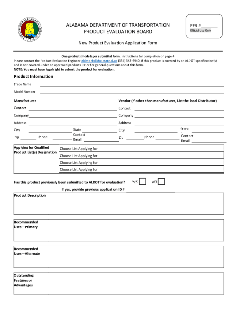 Alabama DOT New Product Evaluation Application Form