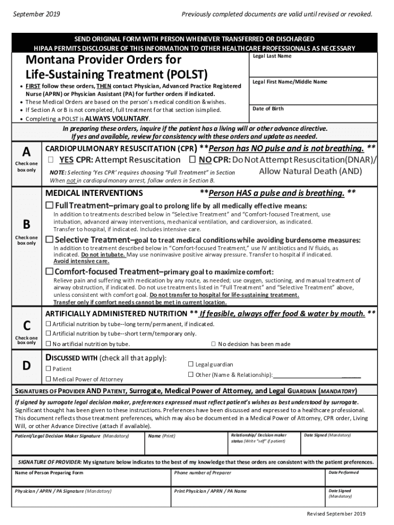  MT Provider Orders for Life Sustaining Treatment POLST 2019-2024