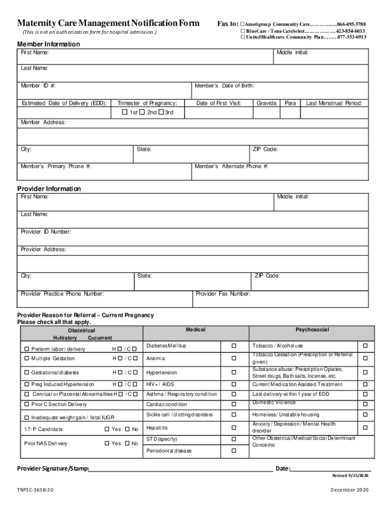 Maternity Care Management Notification Form Fax to