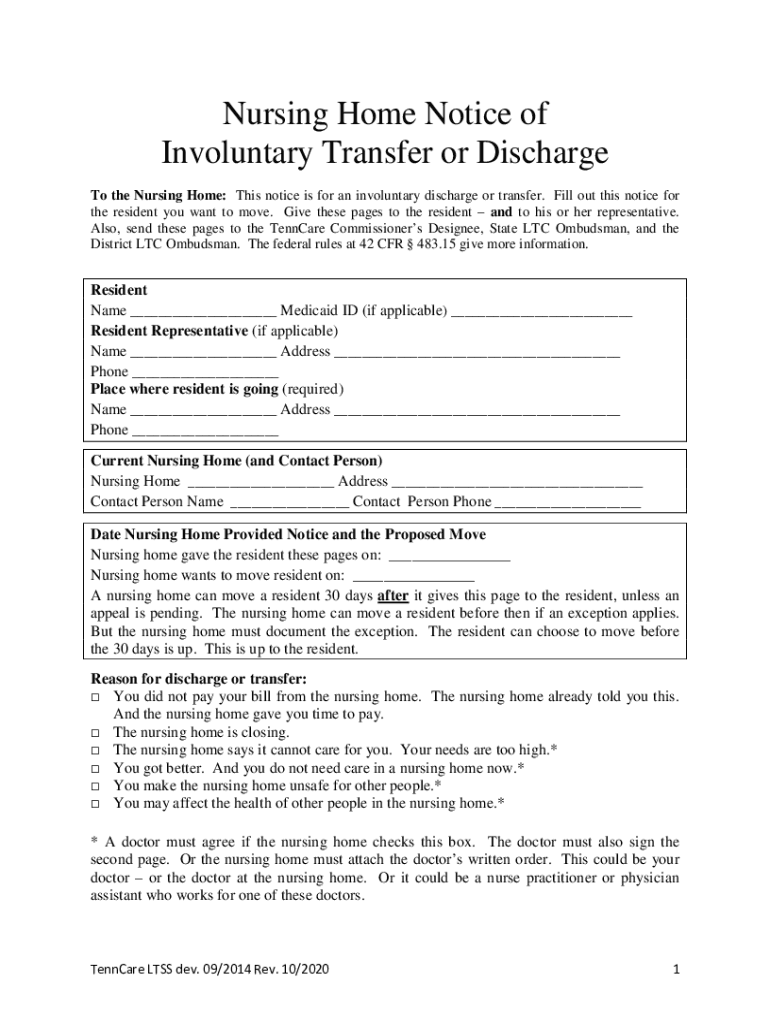 Nursing Home Notice of Involuntary Transfer or Discharge  Form