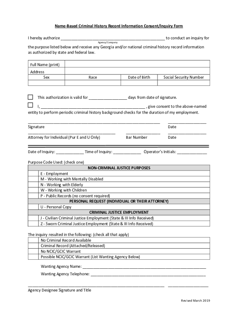 GA Name Based Criminal History Record Information ConsentInquiry Form