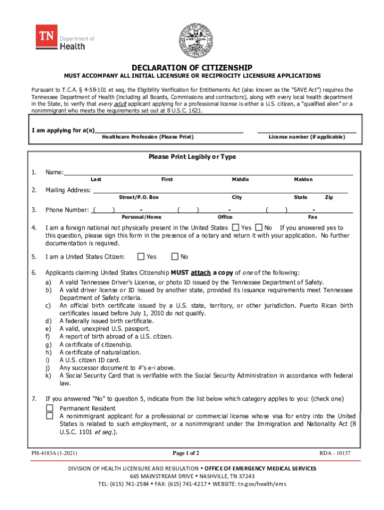 Get and Sign DECLARATION of CITIZENSHIP Tennessee  Form