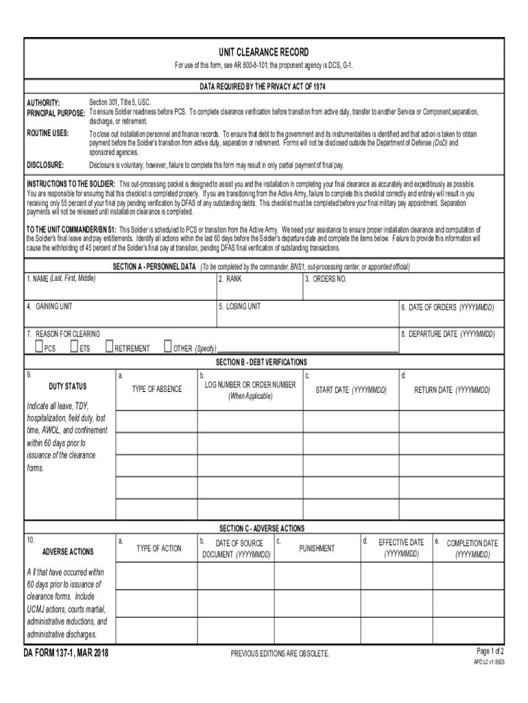 INSTALLATION CLEARANCE RECORD for Use of This Form, See AR