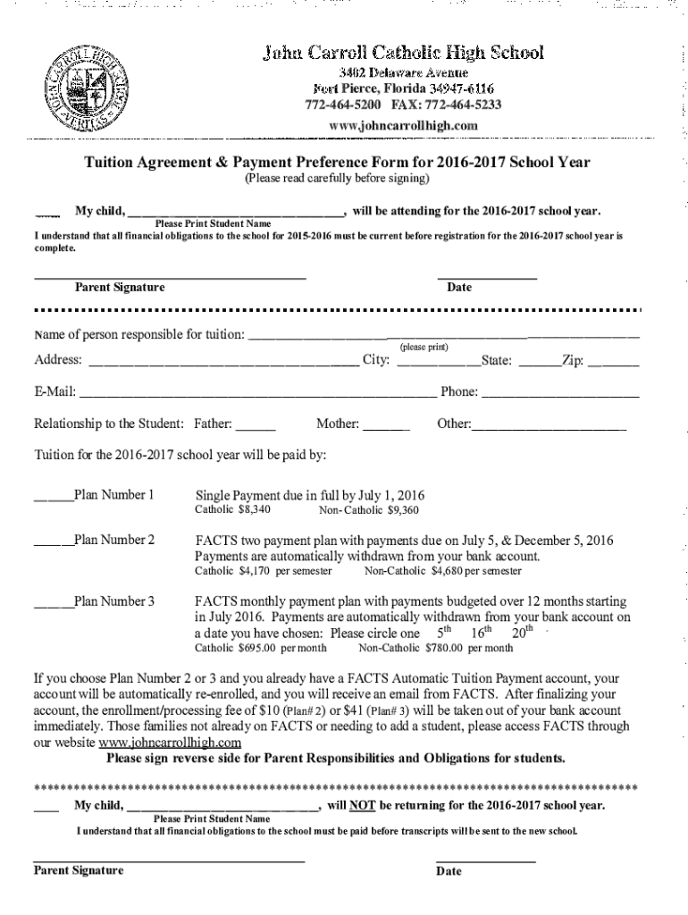  Tuition Agreement &amp;amp; Payment Preference Form for 2017-2024