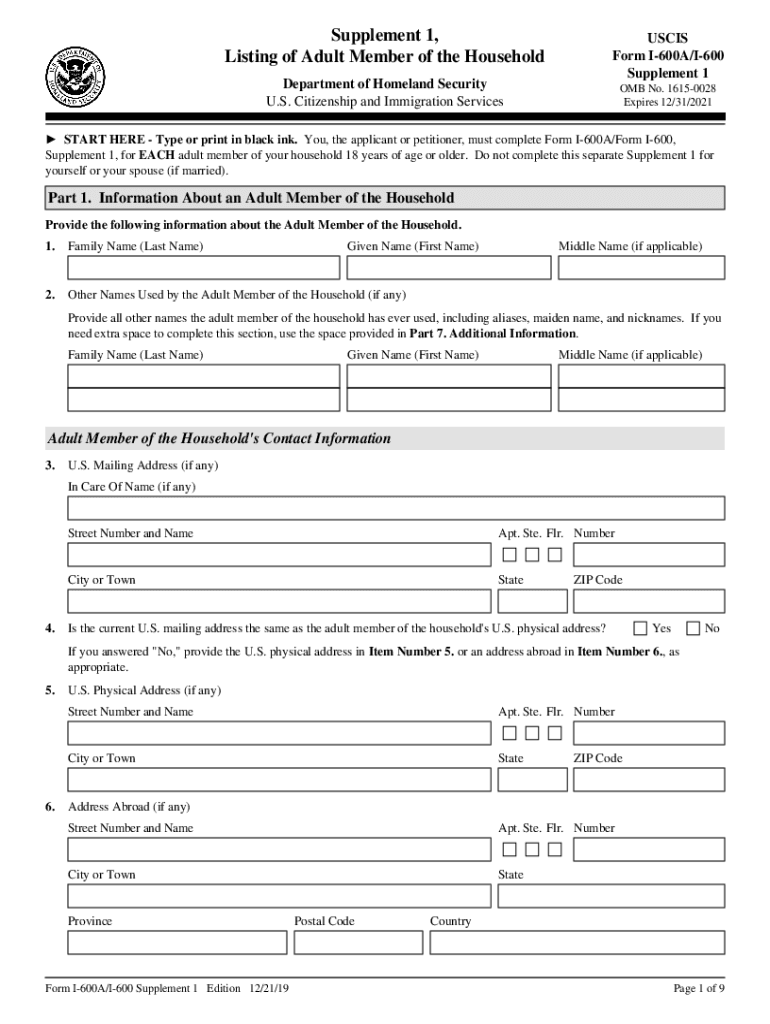  Form I 600AI 600 Supplement 1, Listing of Adult Member of 2019-2024