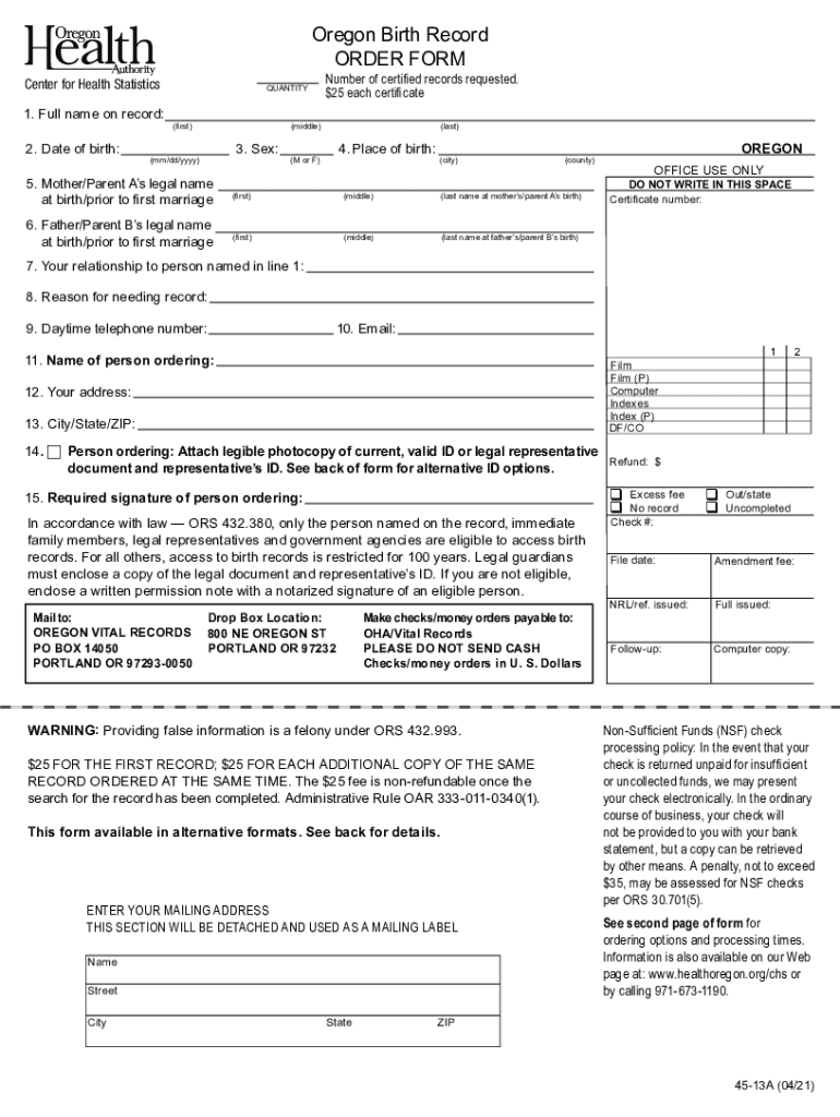 OHA 45 13A LONG Oregon Birth Record Order Form