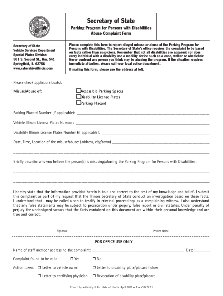  Illinois Parking Program for Persons with Disabilities Abuse Complaint Form 2021-2024