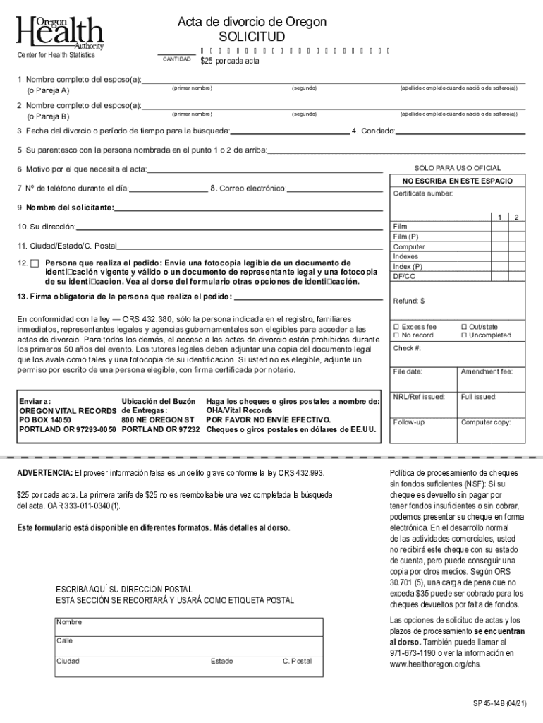 OHA 45 14B Spanish Acta De Divorcio De Oregon Solicitud OHA 45 14B Spanish Acta De Divorcio De Oregon Solicitud  Form