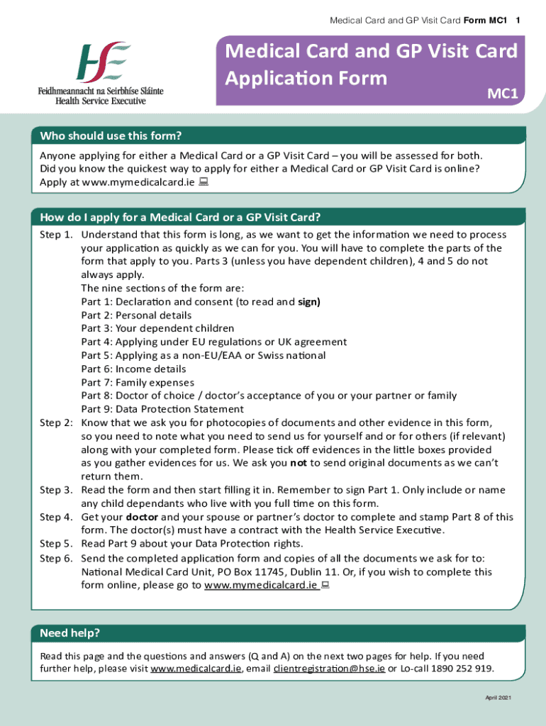 Medical Card and GP Visit Card Application Form MC1