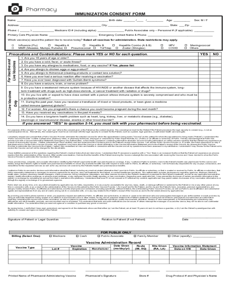  Publix Pharmacy Virginia Immunization Consent Form 2021-2024