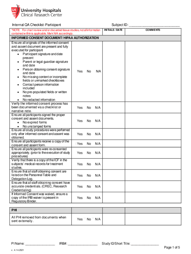 Internal QA Checklist Regulatory Study ID IRB# PI Name  Form