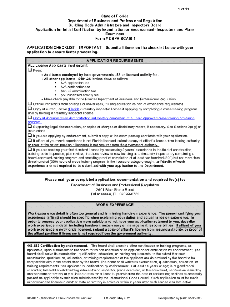  DBPR BCAIB 1 Application for Initial Certification by Examination or Endorsement Inspectors and Plans Examiners 2021-2024