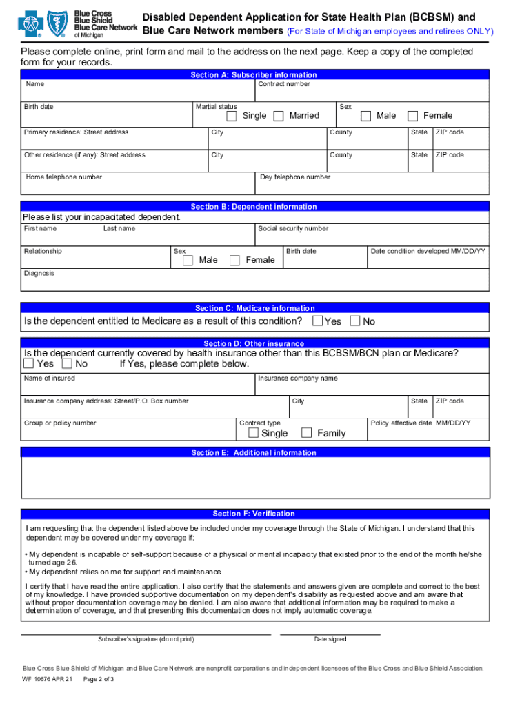 Disabled Dependent Application for State Health Plan Disabled Dependent Application for State Health Plan  Form