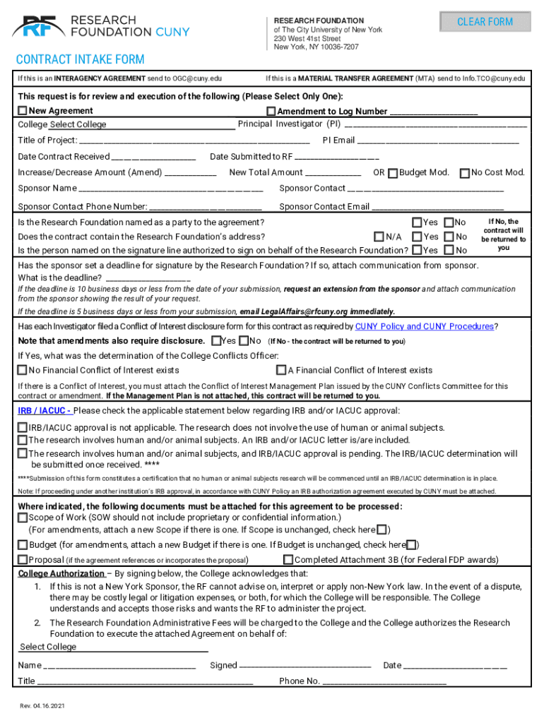  CONTRACT INTAKE FORM Rf Research Foundation Cuny 2021-2024