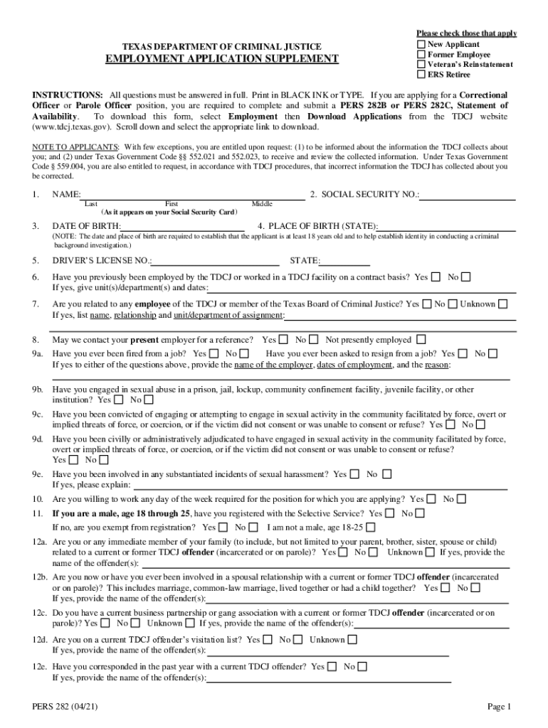  Form PERS282 'Employment Application TemplateRoller 2021