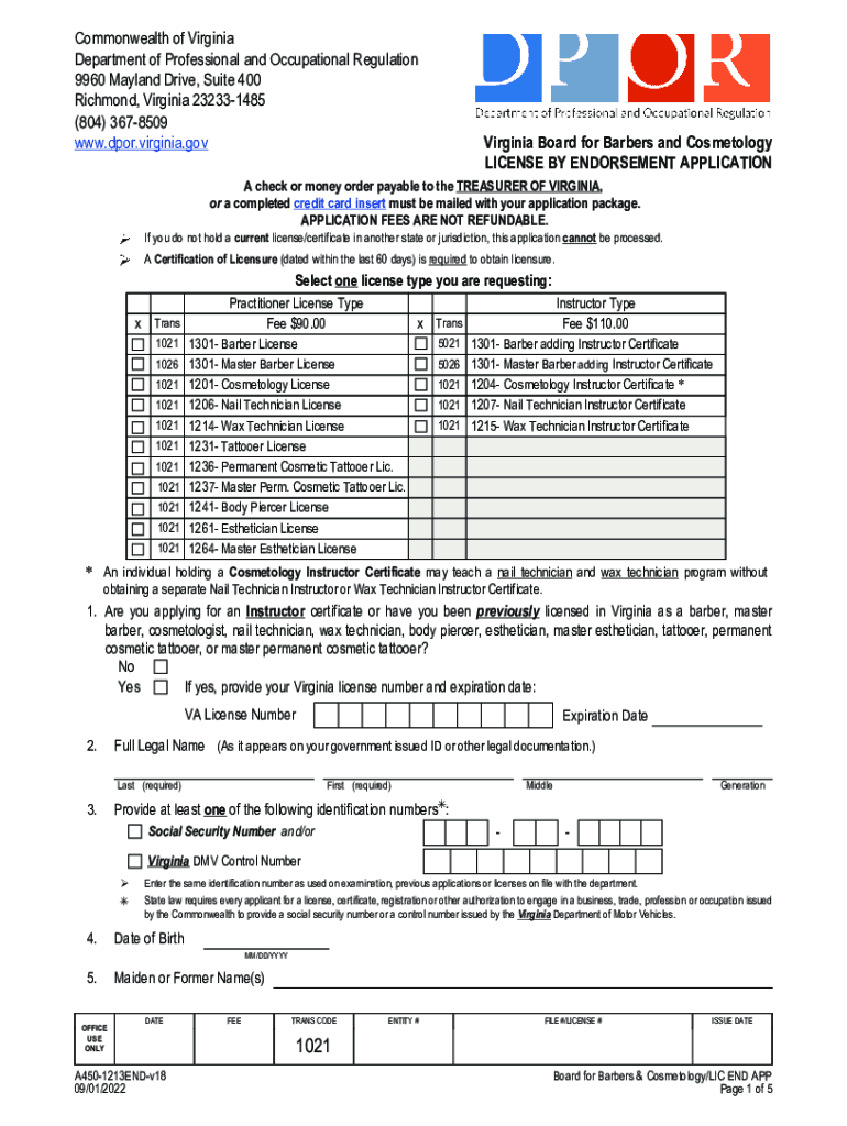 Virginia Board for Barbers and Cosmetology License by Endorsement Application  Form