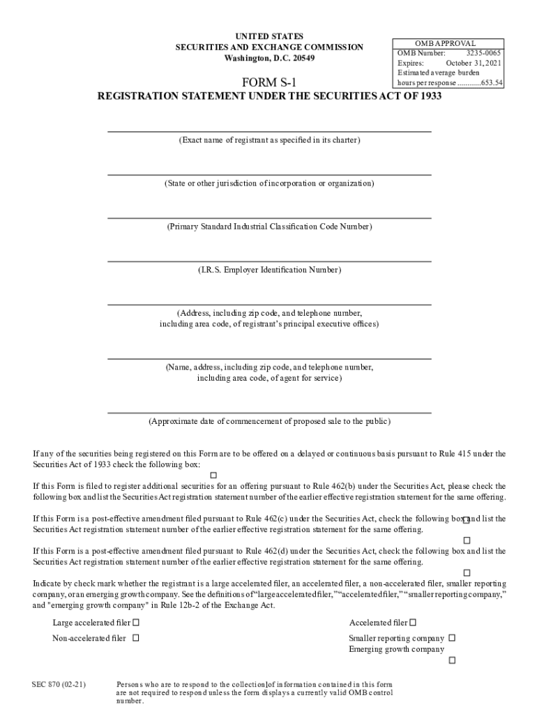  OMB Number 3235 0065 Expires October 31, 202 FORM S 1 2021