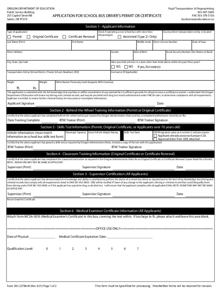  Oregon Department of Education School Bus Forms Pupil 2021-2024