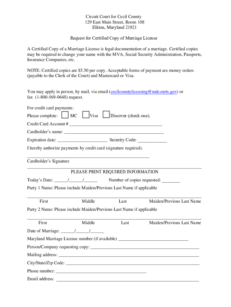 Request for Certified Copy of Marriage License Cecil  Form