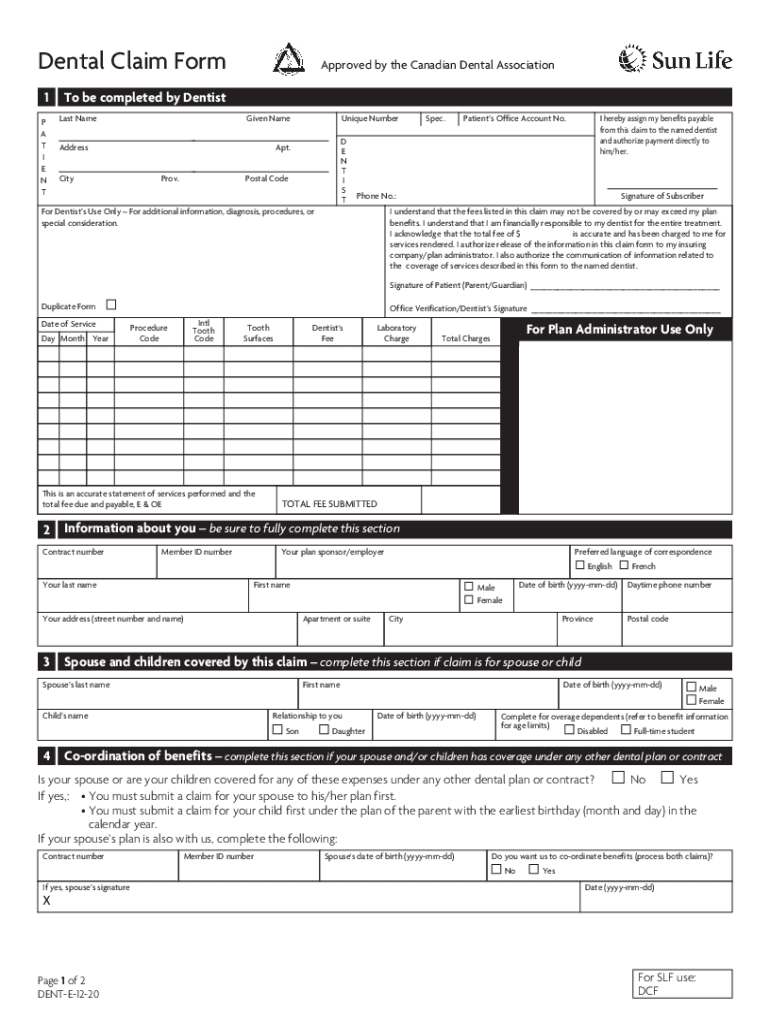  Fillable Online Dental Claim Form Approved by the Canadian 2020-2024