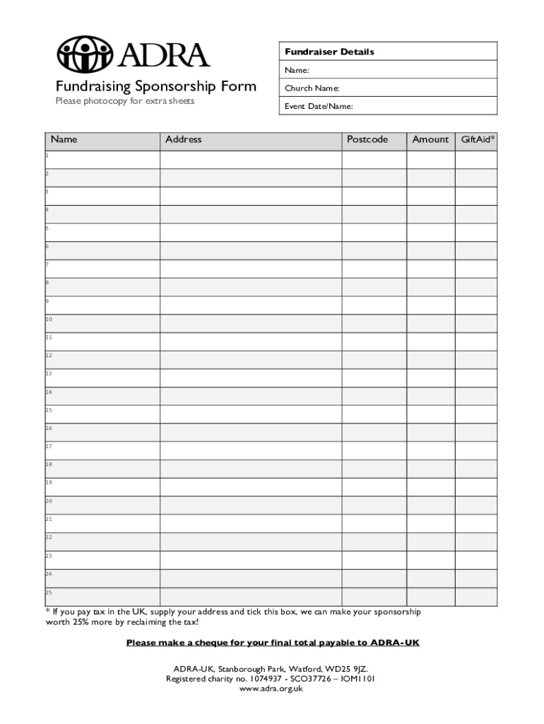  Fundraising Sponsorship Form 2 Adventist Development and 2021-2024